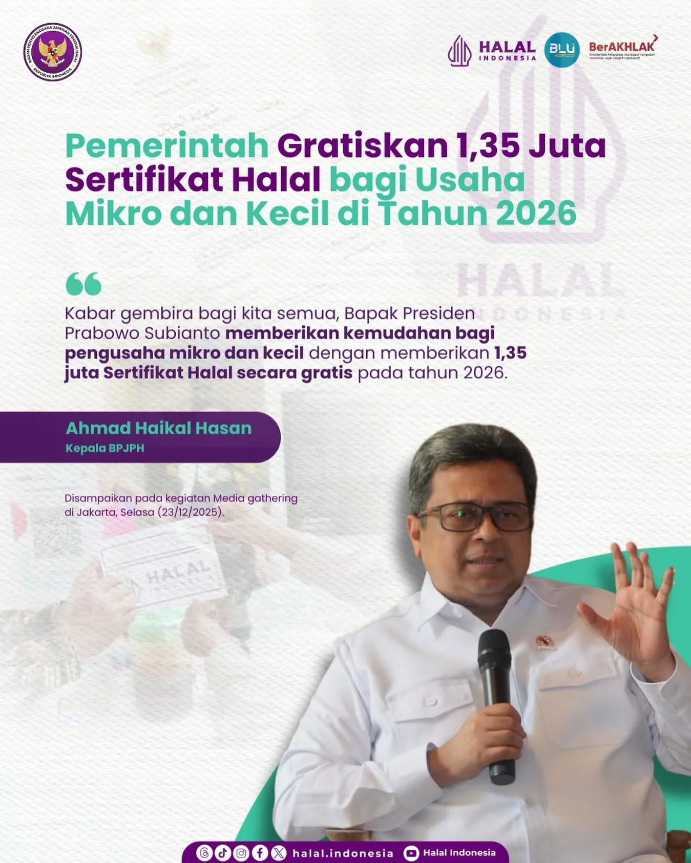 Pemerintah Mewajibkan UMK Halal - BPJPH